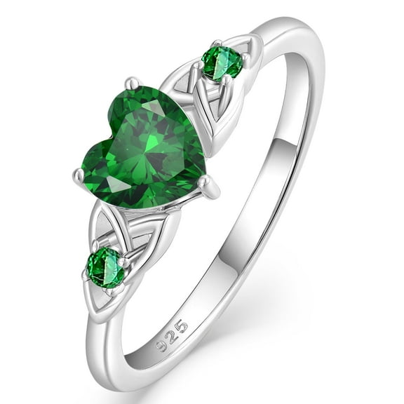 VESITIM Celtic Knot Rings for Women 925 Sterling Silver Promise Ring for Her Wedding Engagement Band Heart Birthstone Created Emerald Jewelry Gift Size 6