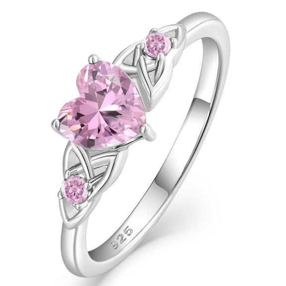 VESITIM Celtic Knot Rings for Women 925 Sterling Silver Promise Ring for Her Wedding Engagement Band Heart Birthstone Created Pink Tourmaline Jewelry Gift Size 7