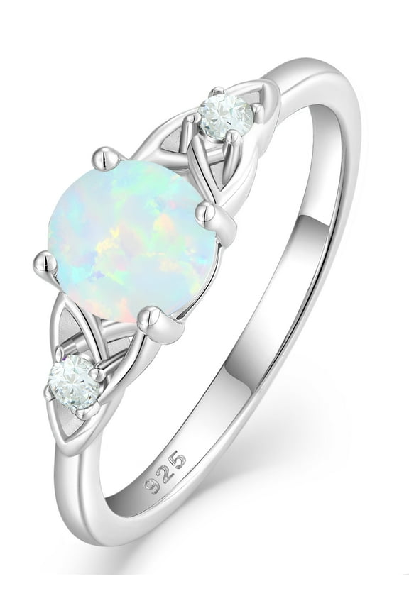 Celtic Knot Rings for Women 925 Sterling Silver Promise Ring for Her Round Birthstone Created Opal Wedding Engagement Band Jewelry Gift Size 7