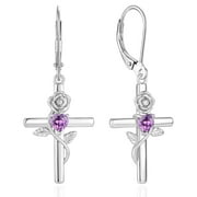 VESITIM Cross Earrings for Women Rose Flower Earring 925 Sterling Silver Dangle Drop Religious Jewelry Gift with Heart Created Amethyst Birthstones