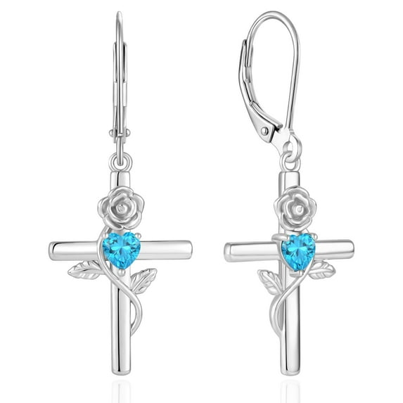 VESITIM Cross Earrings for Women Rose Flower Earring 925 Sterling Silver Dangle Drop Religious Jewelry Gift with Heart Created Aquamarine Birthstones
