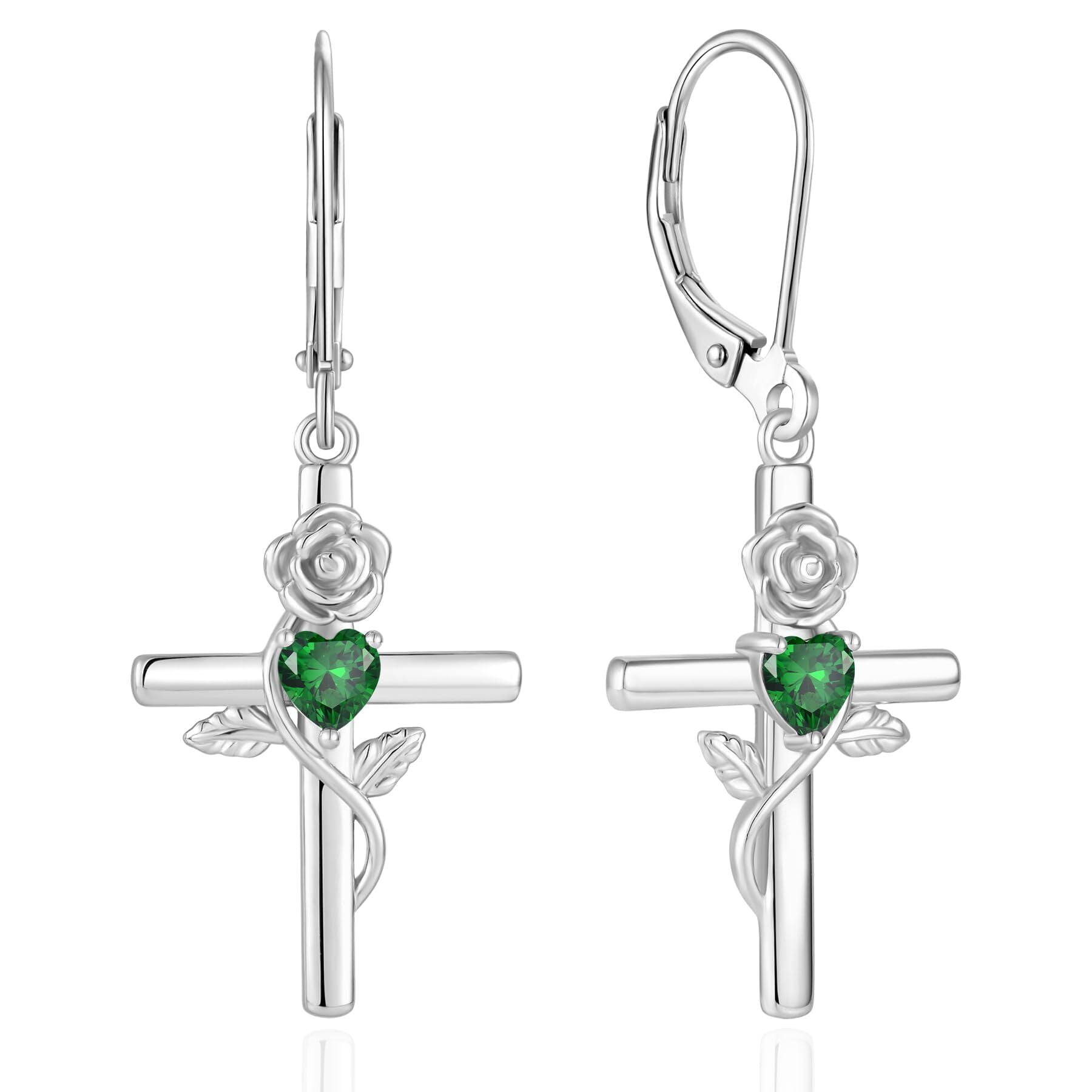 VESITIM Cross Earrings for Women Rose Flower Earring 925 Sterling Silver Dangle Drop Religious Jewelry Gift with Heart Created Emerald Birthstones