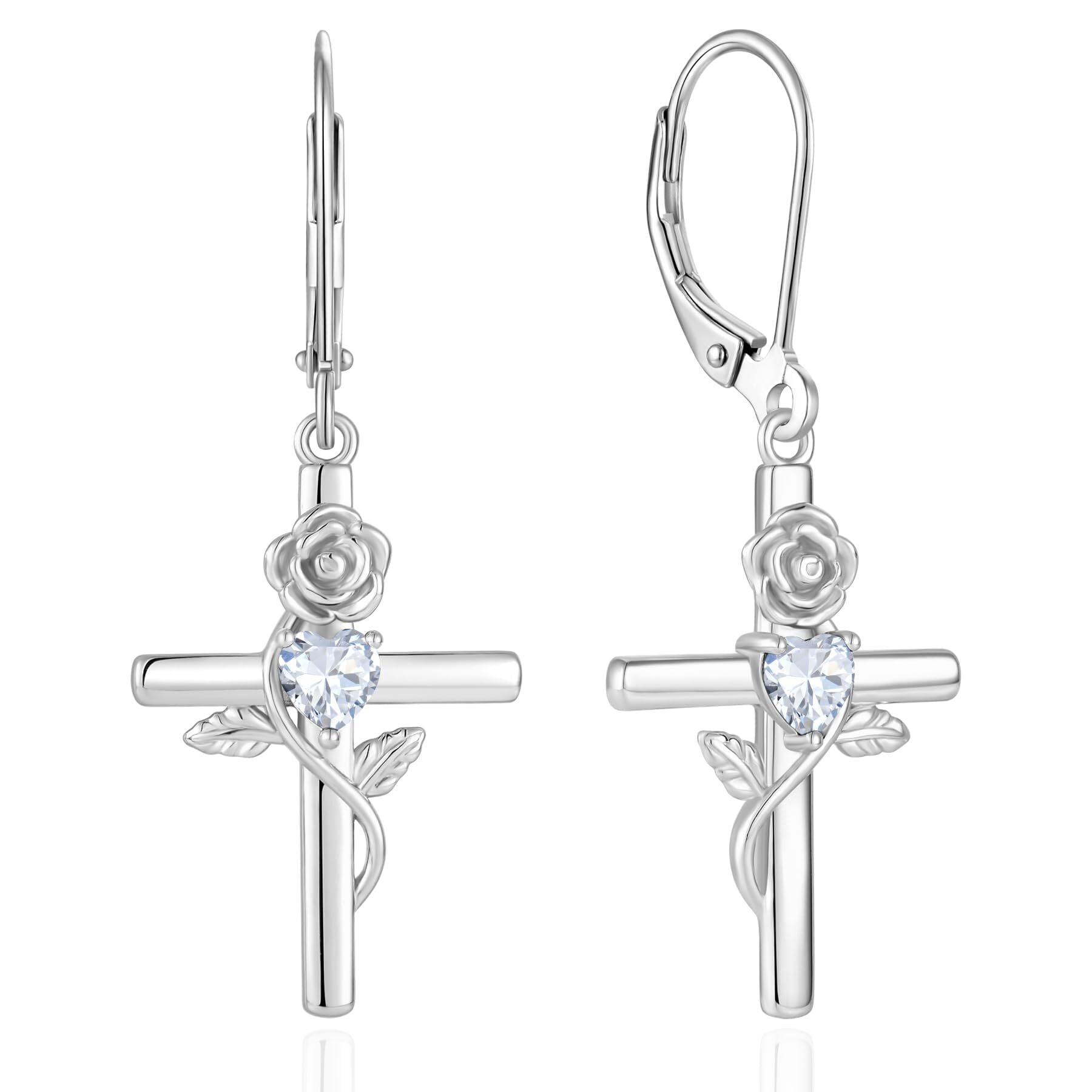 VESITIM Cross Earrings for Women Rose Flower Earring 925 Sterling Silver Dangle Drop Religious Jewelry Gift with Heart Cubic Zirconia Birthstones