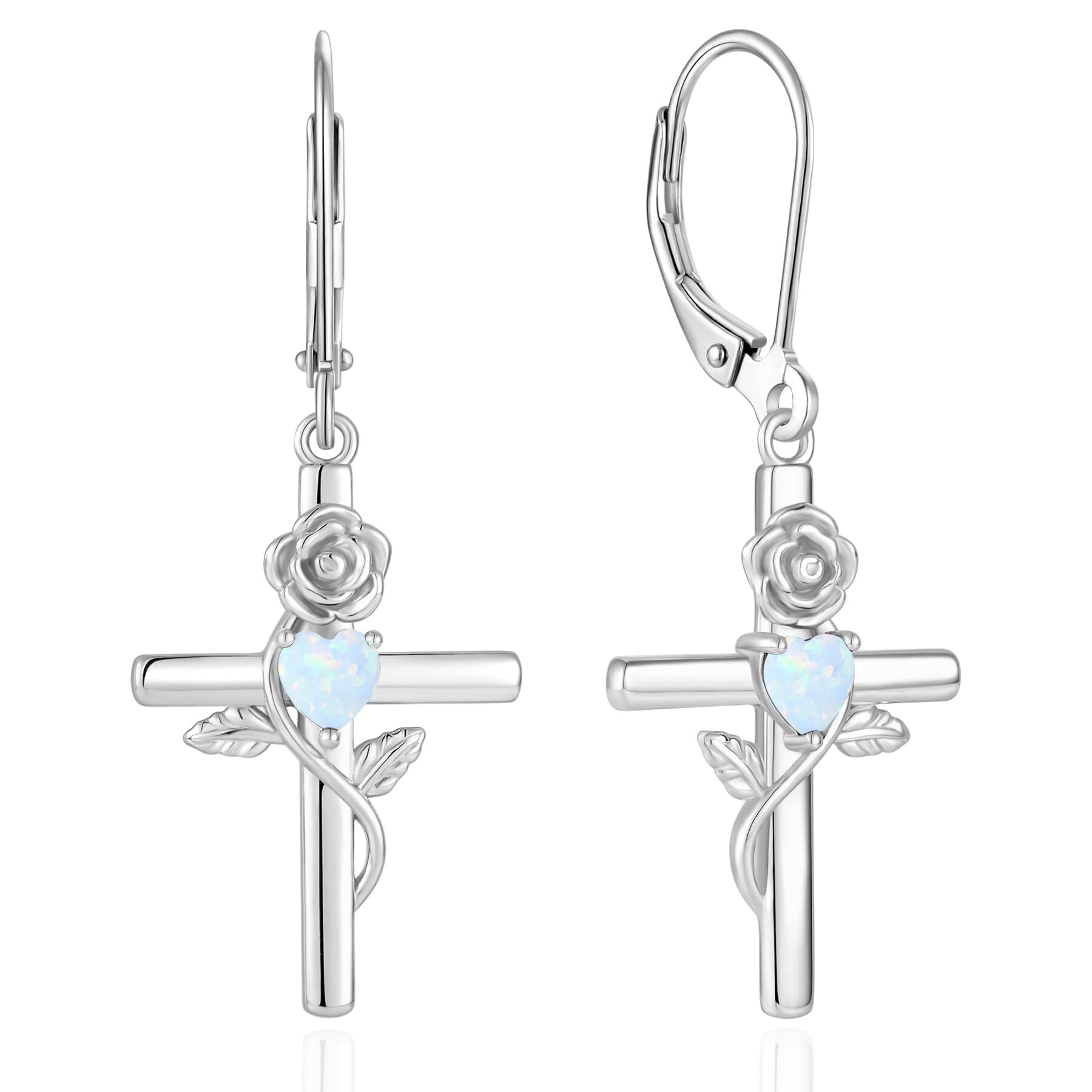 VESITIM Cross Earrings for Women Rose Flower Earring 925 Sterling Silver Dangle Drop Religious Jewelry Gift with Heart White Opal Birthstones