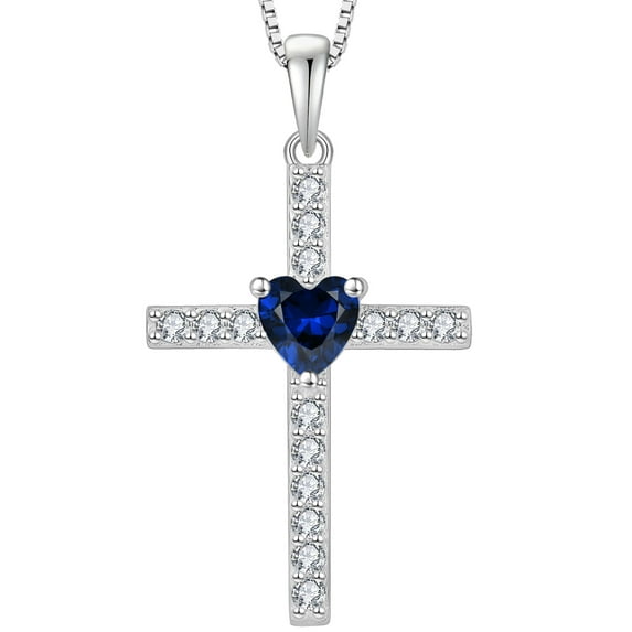 VESITIM Cross Necklace 925 Sterling Silver Religious Pendant for Women Heart Shaped Created Sapphire September Birthstone Jewelry Gifts