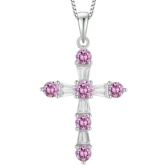 VESITIM Cross Necklace for Women 925 Sterling Silver Jesus Christian Cross Pendant October Birthstone Created Pink Tourmaline Religious Faith Jewelry Gift