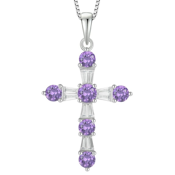 VESITIM Cross Necklace for Women 925 Sterling Silver Jesus Christian Cross Pendant February Birthstone Created Amethyst Religious Faith Jewelry Gift