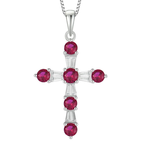 VESITIM Cross Necklace for Women 925 Sterling Silver Jesus Christian Cross Pendant July Birthstone Created Ruby Religious Faith Jewelry Gift