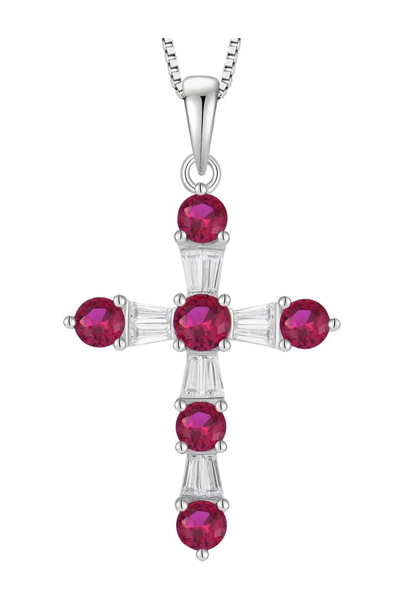 Cross Necklace for Women 925 Sterling Silver Jesus Christian Cross Pendant July Birthstone Created Ruby Religious Faith Jewelry Gift