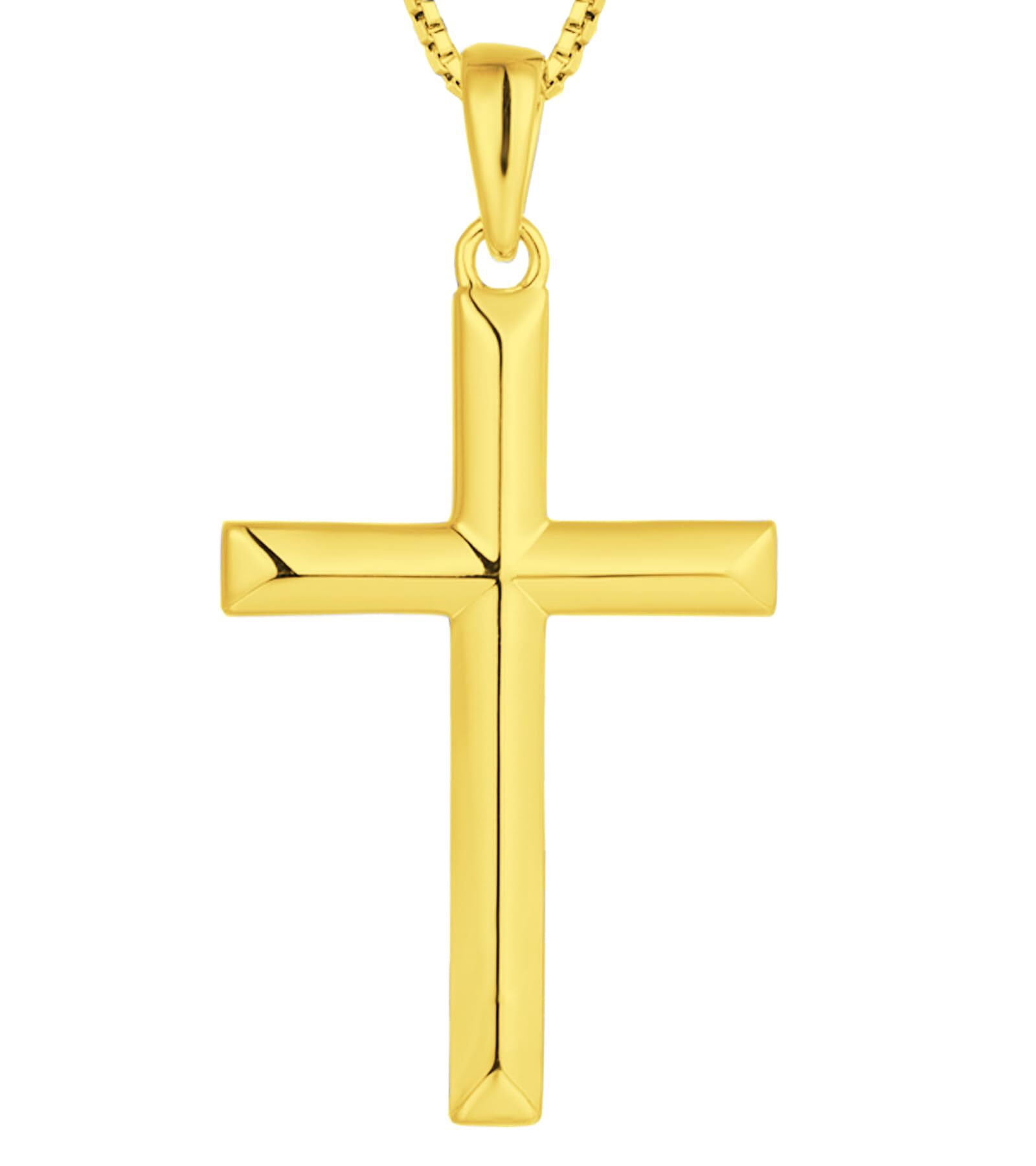 VESITIM Cross Necklace for Women Sterling Silver Plain Cross Pendant Necklace Yellow Gold Plated 0.79" Jewelry Gifts for Men