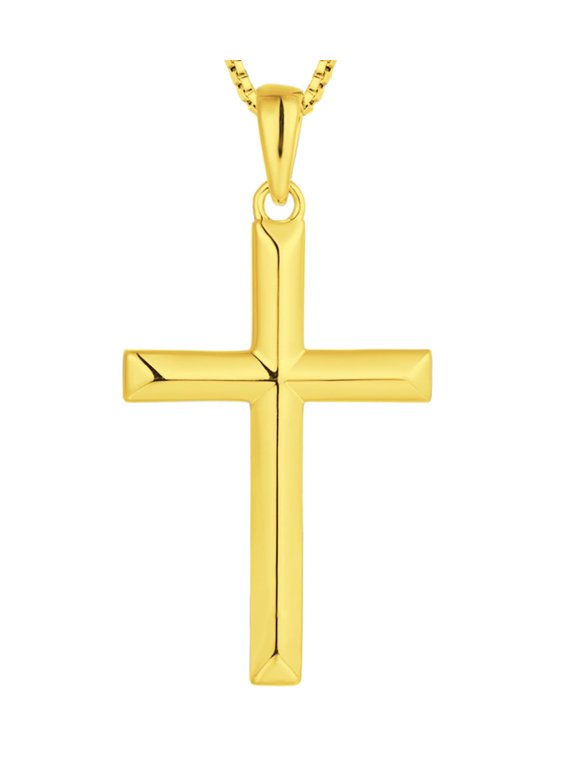 Cross Necklace for Women Sterling Silver Plain Cross Pendant Necklace Yellow Gold Plated 1.18" Jewelry Gifts for Men