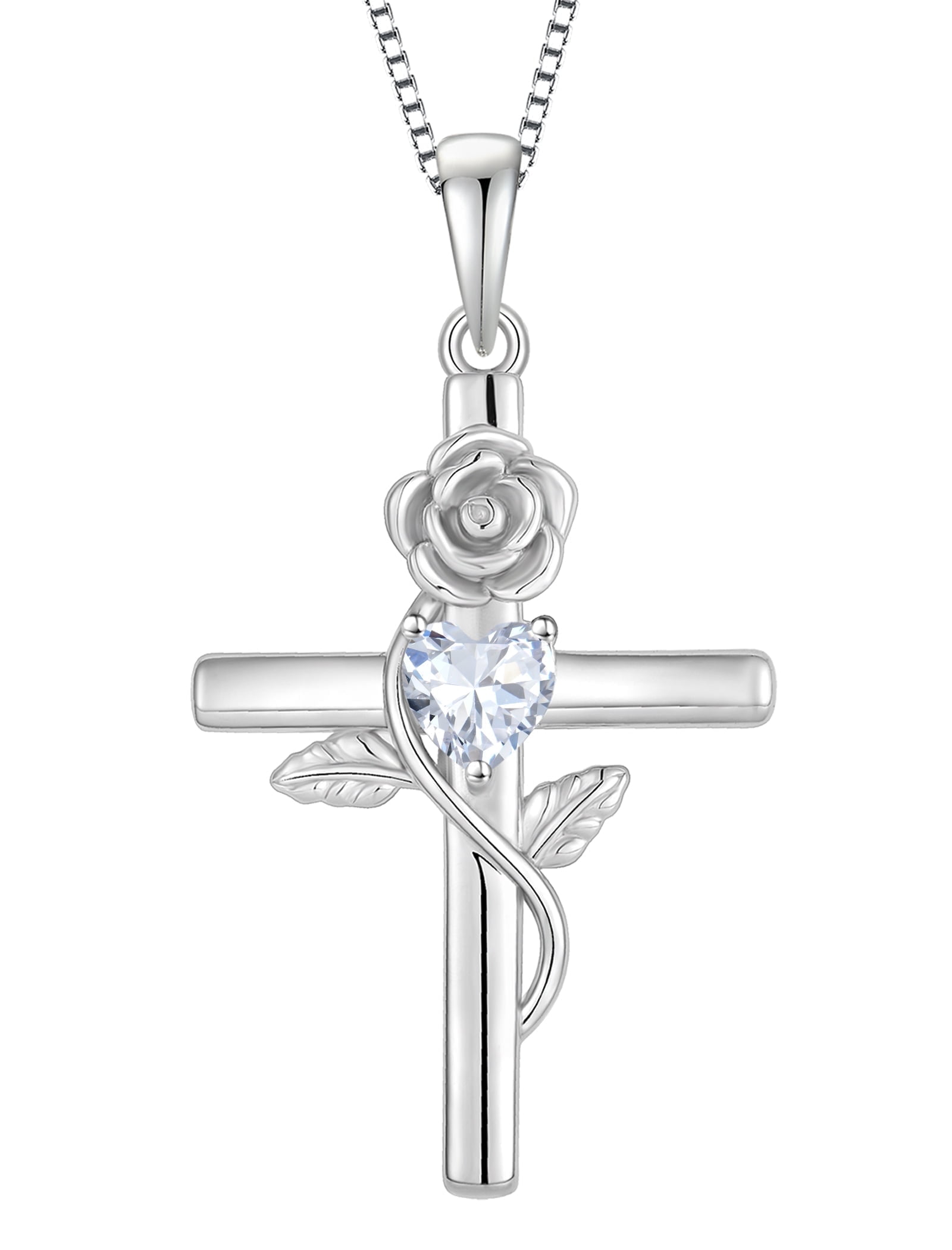 VESITIM Cross Pendant Necklace Sterling Silver Infinite Rose Flower Necklace Women Faith Jewelry Gift with Birthstone April Cubic Zirconia
