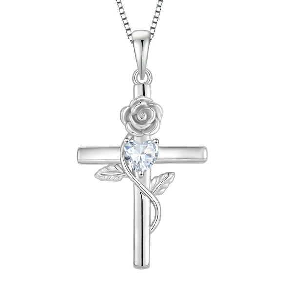 VESITIM Cross Pendant Necklace Sterling Silver Infinite Rose Flower Necklace Women Faith Jewelry Gift with Birthstone April Cubic Zirconia