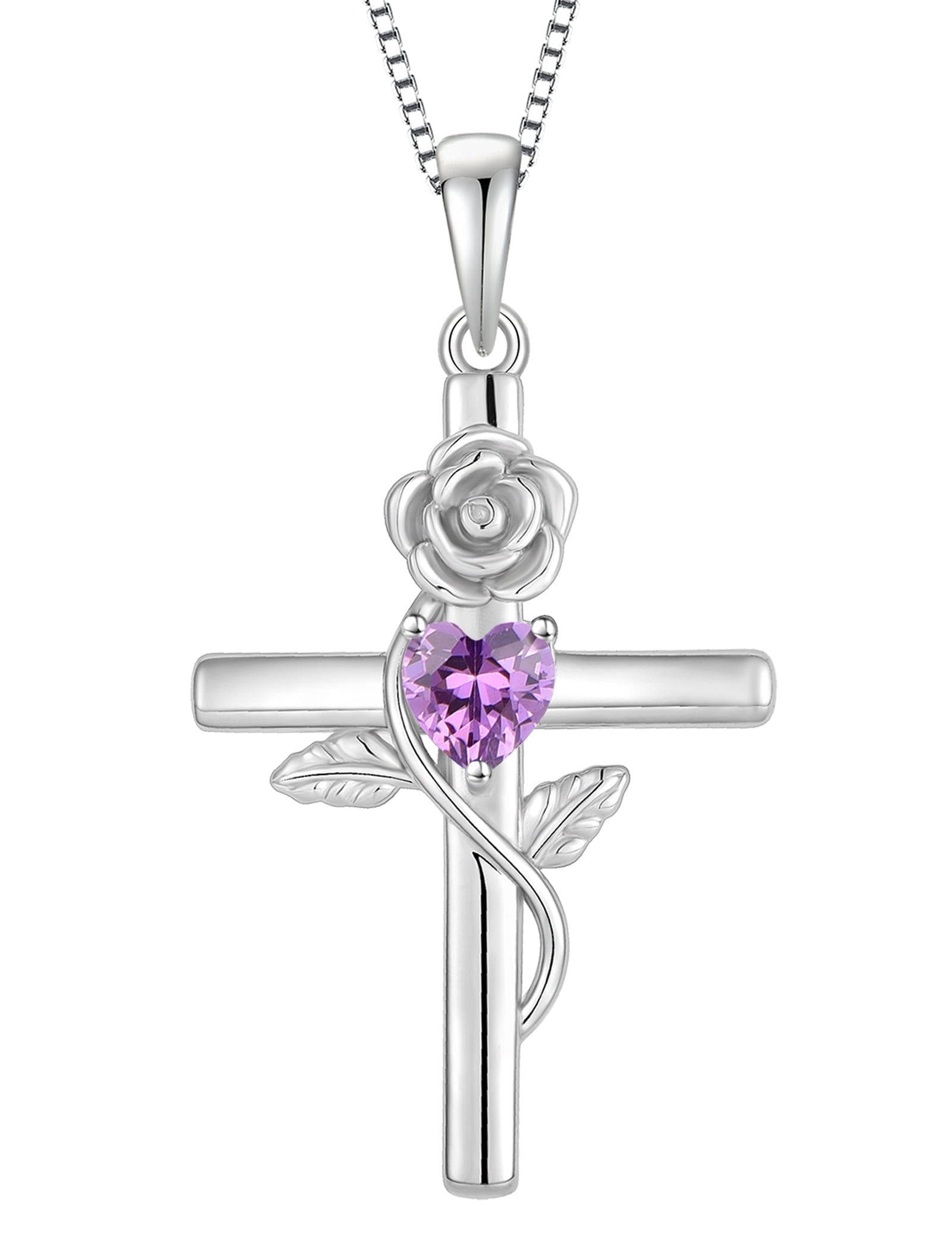 VESITIM Cross Pendant Necklace Sterling Silver Infinite Rose Flower Necklace Women Faith Jewelry Gift with February Birthstone Created Amethyst
