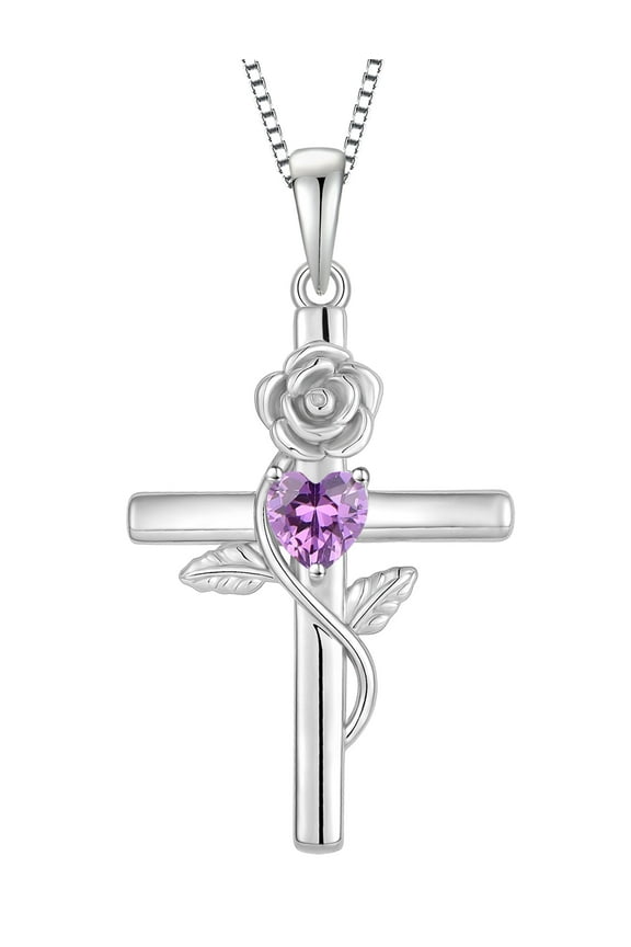 Cross Pendant Necklace Sterling Silver Infinite Rose Flower Necklace Women Faith Jewelry Gift with February Birthstone Created Amethyst