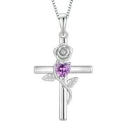 VESITIM Cross Pendant Necklace Sterling Silver Infinite Rose Flower Necklace Women Faith Jewelry Gift with February Birthstone Created Amethyst