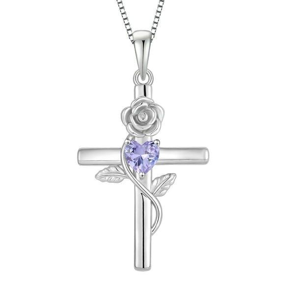 VESITIM Cross Pendant Necklace Sterling Silver Infinite Rose Flower Necklace Women Faith Jewelry Gift with June Birthstone Created Alexandrite