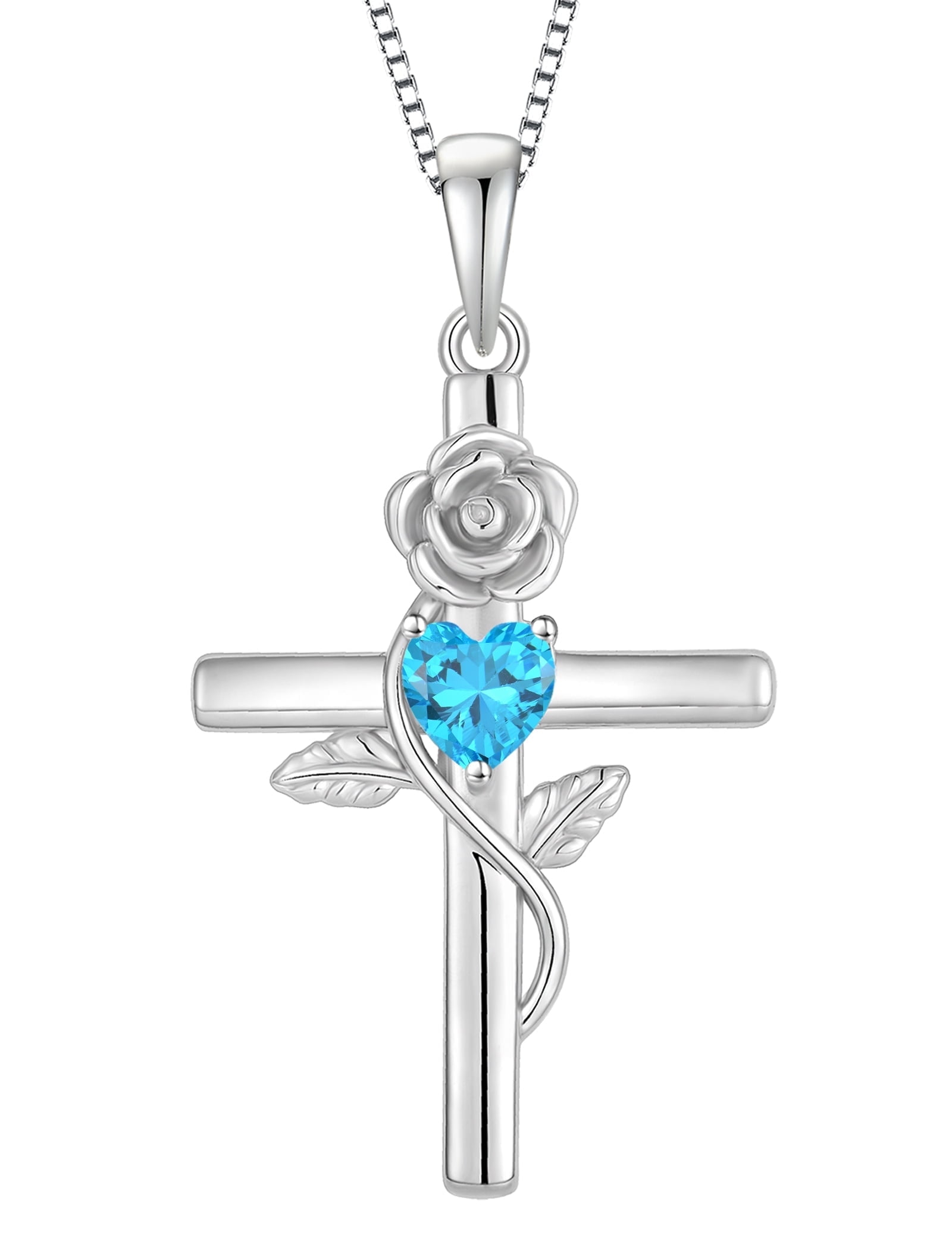 VESITIM Cross Pendant Necklace Sterling Silver Infinite Rose Flower Necklace Women Faith Jewelry Gift with March Birthstone Created Aquamarine