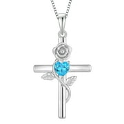 VESITIM Cross Pendant Necklace Sterling Silver Infinite Rose Flower Necklace Women Faith Jewelry Gift with March Birthstone Created Aquamarine