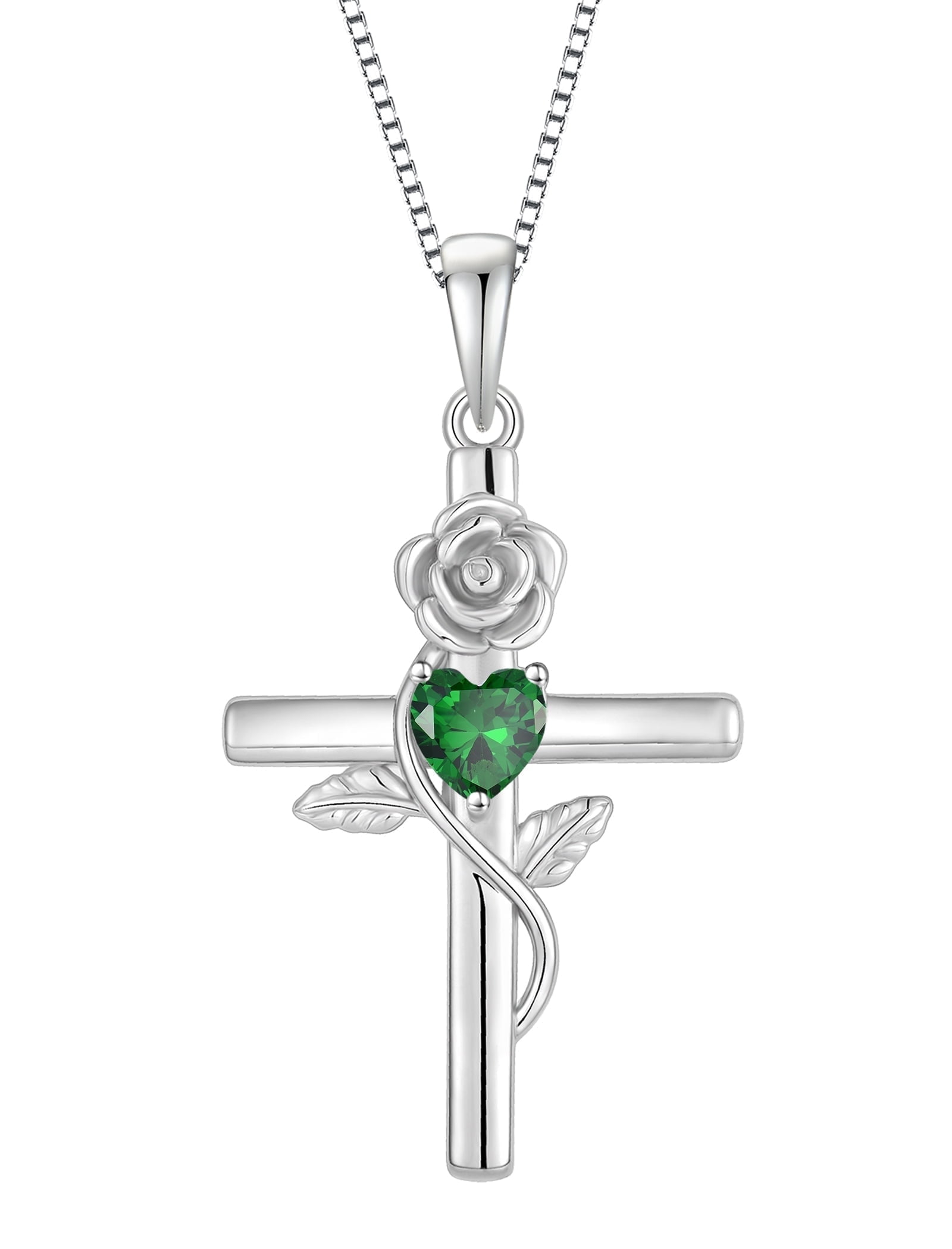 VESITIM Cross Pendant Necklace Sterling Silver Infinite Rose Flower Necklace Women Faith Jewelry Gift with May Birthstone Created Emerald