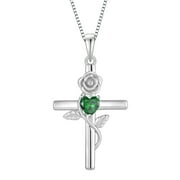 VESITIM Cross Pendant Necklace Sterling Silver Infinite Rose Flower Necklace Women Faith Jewelry Gift with May Birthstone Created Emerald
