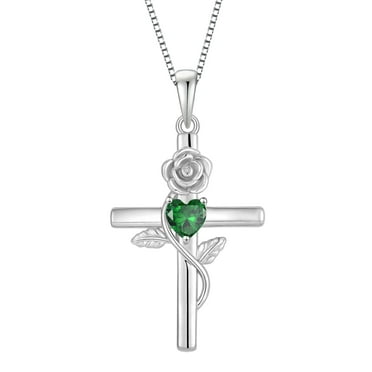 VESITIM Cross Pendant Necklace Sterling Silver Infinite Rose Flower Necklace Women Faith Jewelry Gift with May Birthstone Created Emerald