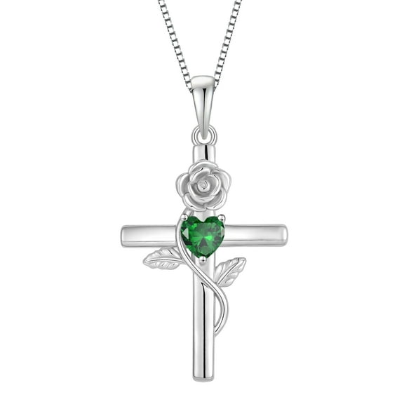 VESITIM Cross Pendant Necklace Sterling Silver Infinite Rose Flower Necklace Women Faith Jewelry Gift with May Birthstone Created Emerald