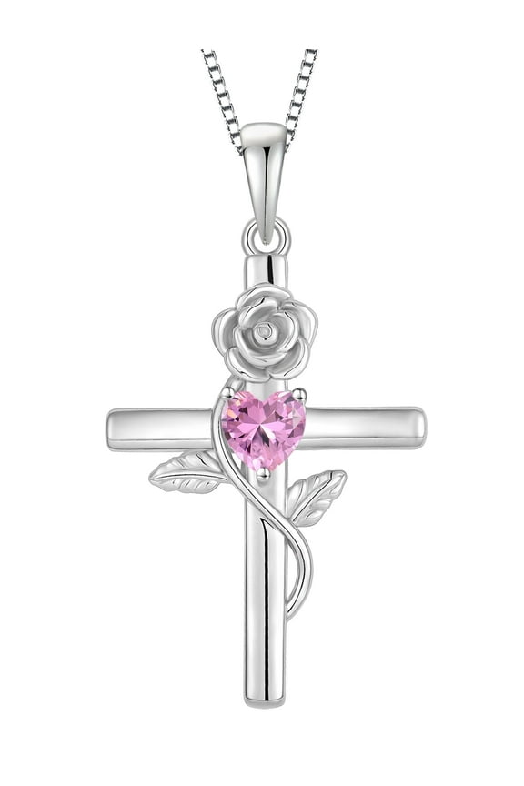 Cross Pendant Necklace Sterling Silver Infinite Rose Flower Necklace Women Faith Jewelry Gift with October Birthstone Created Pink Tourmaline