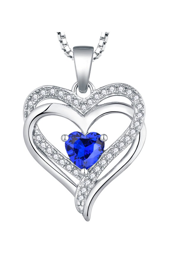 Heart Necklace for Women Sterling Silver Filigree Love Heart Pendant Plated 18k White Gold Created Sapphire Birthstone Jewelry Gift