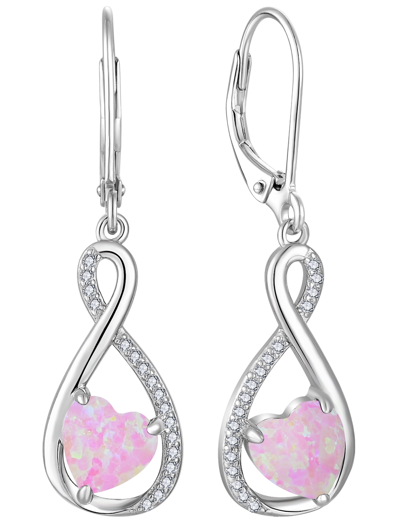 VESITIM Infinity Dangle Leverback Earrings 925 Sterling Silver Heart Earrings Created Pink Opal Jewelry for Women