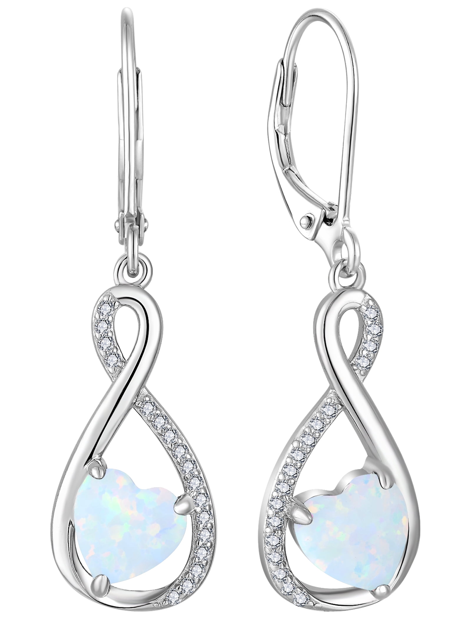 VESITIM Infinity Dangle Leverback Earrings 925 Sterling Silver Heart Earrings Created White Opal Jewelry for Women