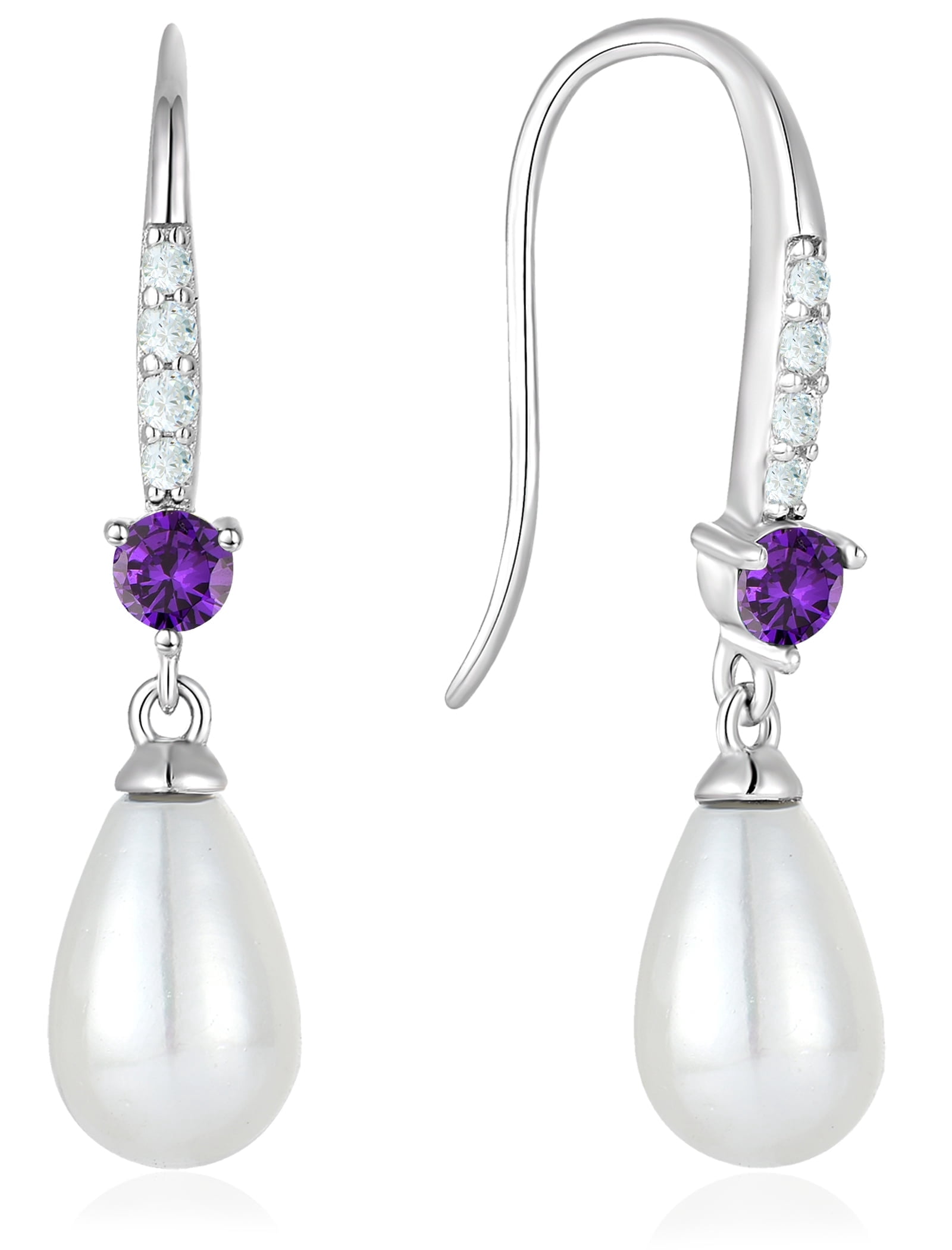 VESITIM Pearl Dangle Drop Earrings 925 Sterling Silver Shell Pearls Hook Earring for Women February Amethyst Birthstone Jewelry Gift