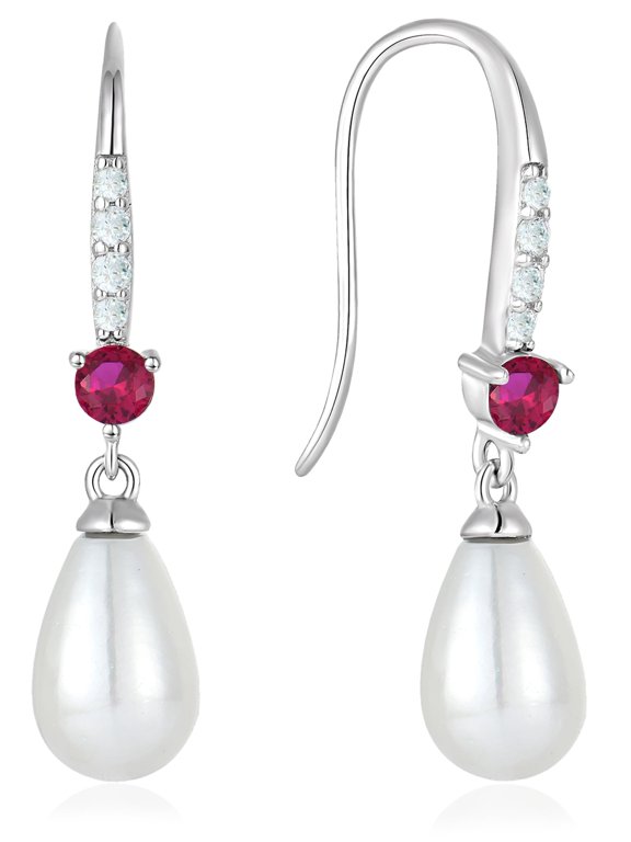 Pearl Dangle Drop Earrings 925 Sterling Silver Shell Pearls Hook Earring for Women July Ruby Birthstone Jewelry Gift