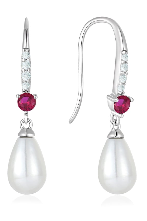 Pearl Dangle Drop Earrings 925 Sterling Silver Shell Pearls Hook Earring for Women July Ruby Birthstone Jewelry Gift