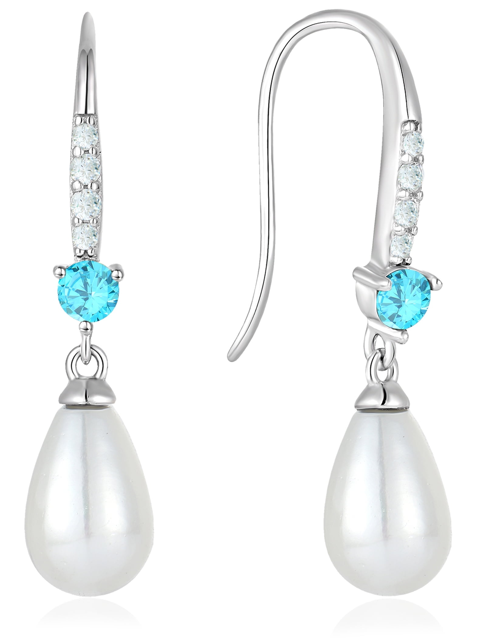VESITIM Pearl Dangle Drop Earrings 925 Sterling Silver Shell Pearls Hook Earring for Women March Aquamarine Birthstone Jewelry Gift