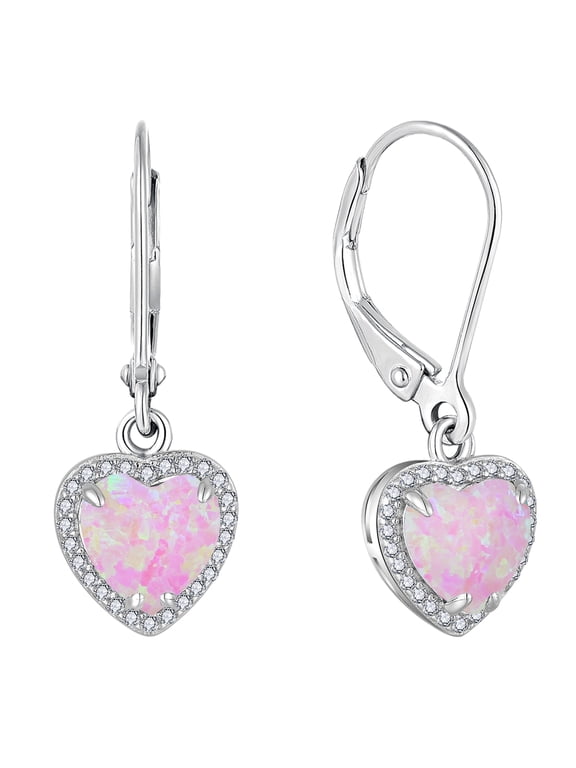 Pink Opal Dangle Drop Earrings Women Sterling Silver Opal Jewelry Heart Shaped Birthstone Leverback Earring as Gift