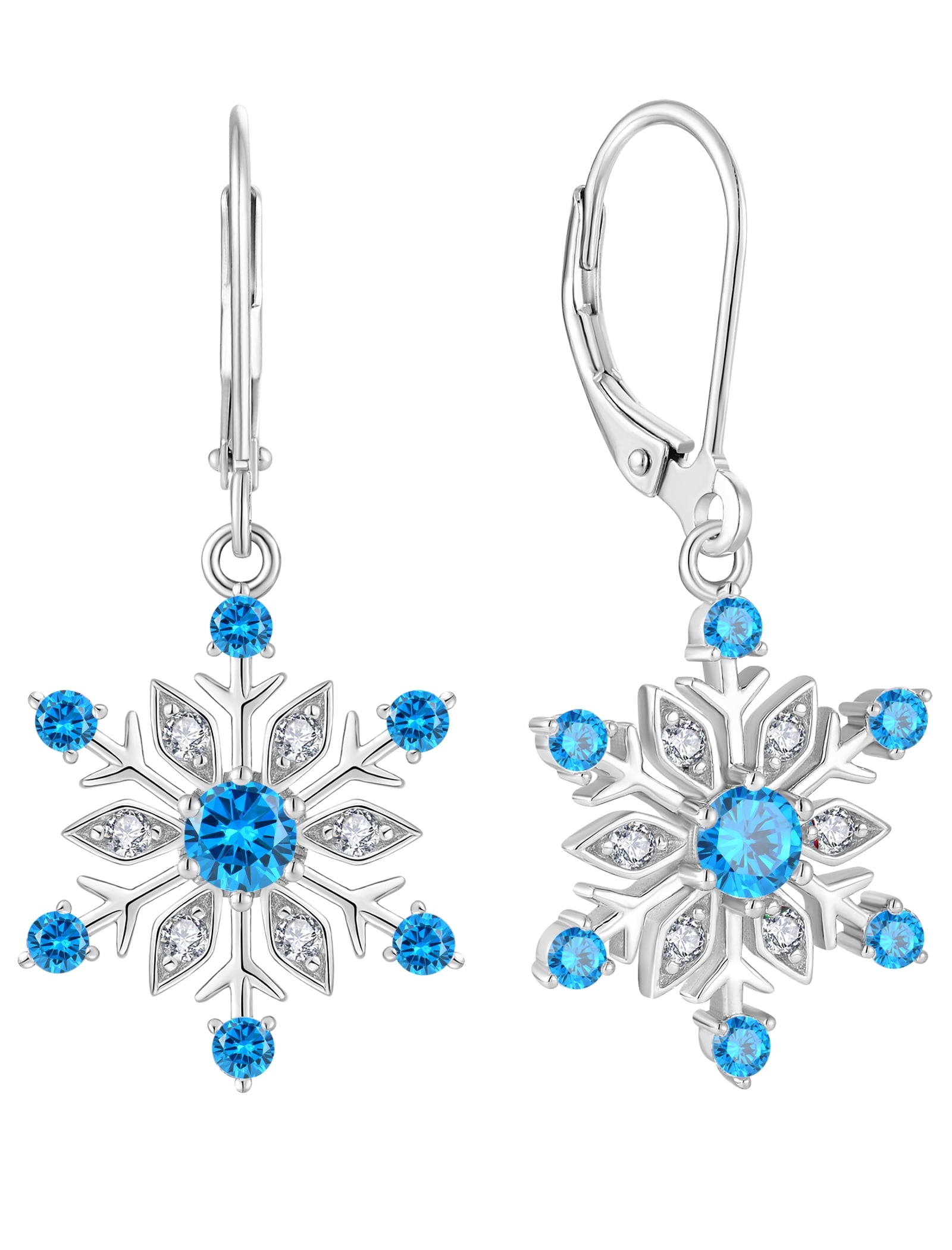 VESITIM Snowflake Earrings for Women 925 Sterling Silver Winter Dangle Drop Earrings Birthstone Created Aquamarine Leverback Jewelry for Christmas Gifts