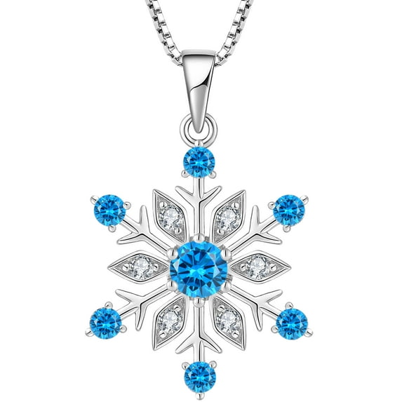 VESITIM Snowflake Necklace 925 Sterling Silver Frozen Snowflake Pendant Blue Birthstone Aquamarine Christmas Jewelry Gift for Women