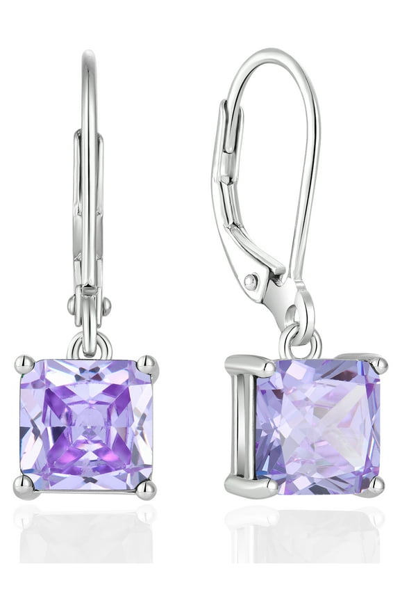 Square Dangle Drop Earrings Sterling Silver Solitaire Leverback Earring 7MM Princess Cut June Alexandrite Birthstone Jewelry for Women