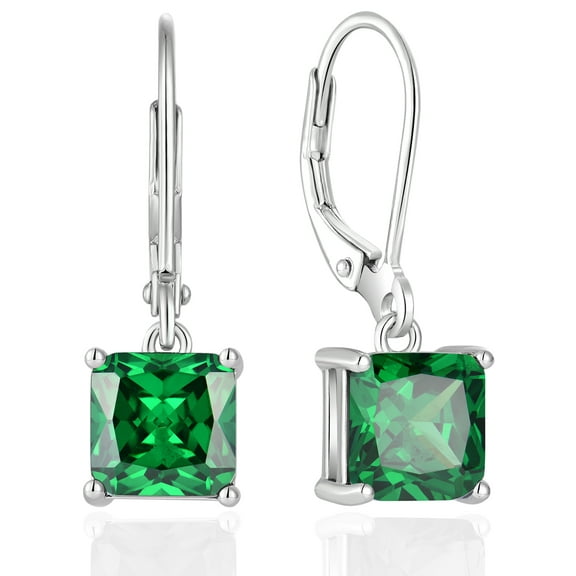 VESITIM Square Dangle Drop Earrings Sterling Silver Solitaire Leverback Earring 7MM Princess Cut May Emerald Birthstone Jewelry for Women
