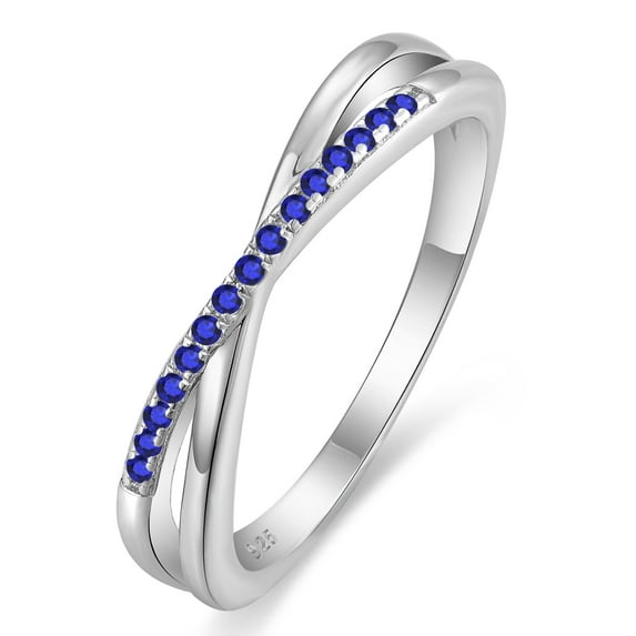 VESITIM Stackable Ring 925 Sterling Silver X Criss Cross Rings for Women Eternity Band Birthstone Created Sapphire for Jewelry Gift Size 8
