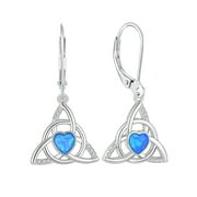 VESITIM Sterling Silver Celtic Knot Leverback Earring Created Blue Heart Opal Dangle Drop Earrings Triangle Trinity Knot Women Jewelry