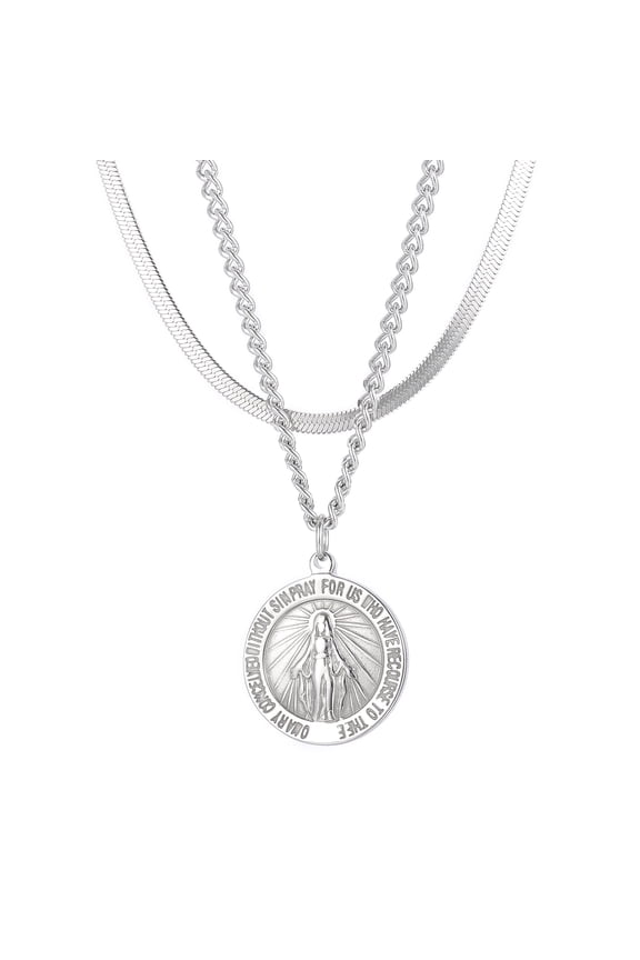 Virgin Mary Vintage Commemorative Coin Double Layered Necklace | Stainless Steels Pendant Necklace Jewelry Gift for Men Women