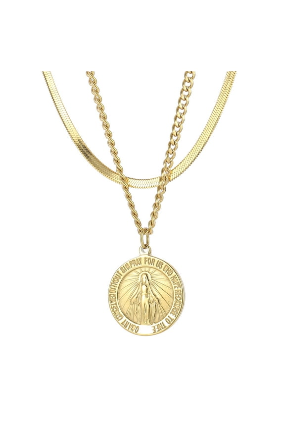 Virgin Mary Vintage Commemorative Coin Double Layered Necklace | Stainless Steels Pendant Necklace Jewelry Gift for Men Women