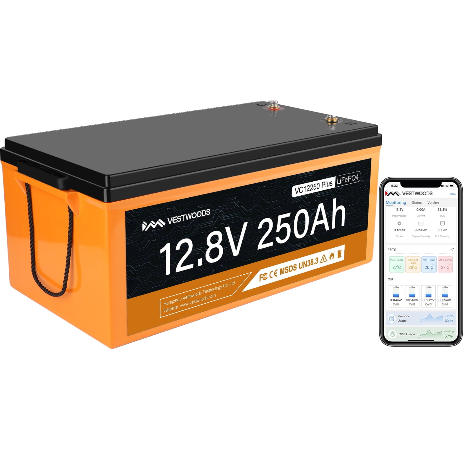 VESTWOODS Smart 12V 250Ah 200A BMS, LiFePO4 Battery Bluetooth