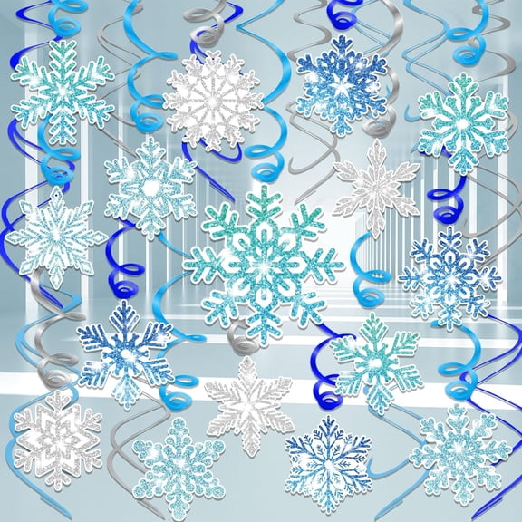 VETPW 30pcs Winter Party Wonderland Decorations Snowflake Hanging Swirls Ceiling Decor, Glittery Winter Snowflake Hanging Swirl for Christmas Holiday Ceiling Decor, Baby Shower Streamers, Blue Silver