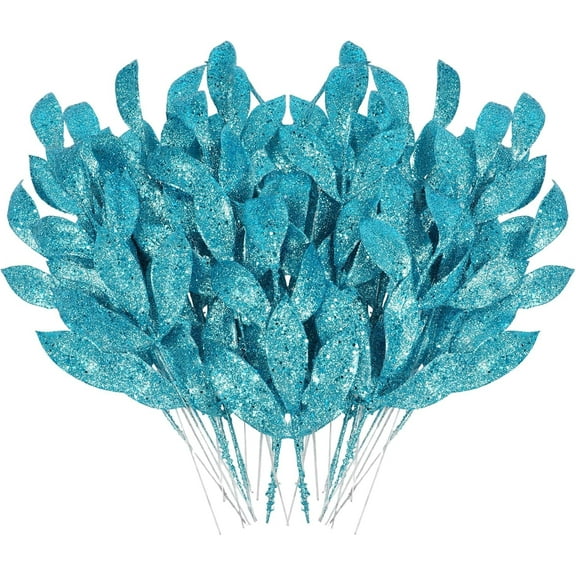 VETPW 32 Pieces Christmas Artificial Glitter Leaves, Blue Glitter Christmas Leaves Picks for Centerpieces, Xmas Tree Ornaments for Vase Garland Wreath Wedding Bouquet Table Home Garden Decorations
