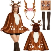 VETPW 5 Pcs Reindeer Costume Adult Tutu Skirt with Reindeer Headband Temporary Tattoos Socks Deer Cosplay Costume Halloween Christmas Fancy Dress Outfits for Women Brown Reindeer Cloak Elk
