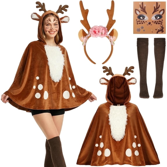 VETPW 5 Pcs Reindeer Costume Adult Tutu Skirt with Reindeer Headband Temporary Tattoos Socks Deer Cosplay Costume Halloween Christmas Fancy Dress Outfits for Women Brown Reindeer Cloak Elk
