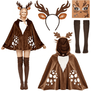 VETPW 5 Pcs Reindeer Costume Adult Tutu Skirt with Reindeer Headband Temporary Tattoos Socks Deer Cosplay Costume Halloween Christmas Fancy Dress Outfits for Women Brown Reindeer Cloak Elk